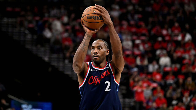 Inglewood, CA - April 15: Forward Kawhi Leonard #2 of the LA Clippers shoots a freethrow against the Golden State Warriors in the first half of a NBA play-in tournament basketball game at Intuit Dome in Inglewood on Wednesday, April 15, 2026.