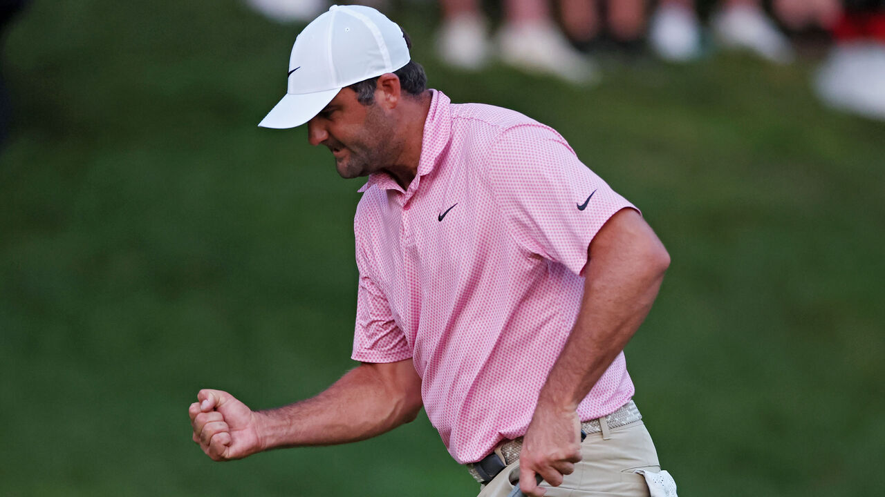 CROMWELL, CONNECTICUT - JUNE 28: Scottie Scheffler of the United States reacts after making par on the 18th green during the final round of the Travelers Championship 2026 at TPC River Highlands on June 28, 2026 in Cromwell, Connecticut.