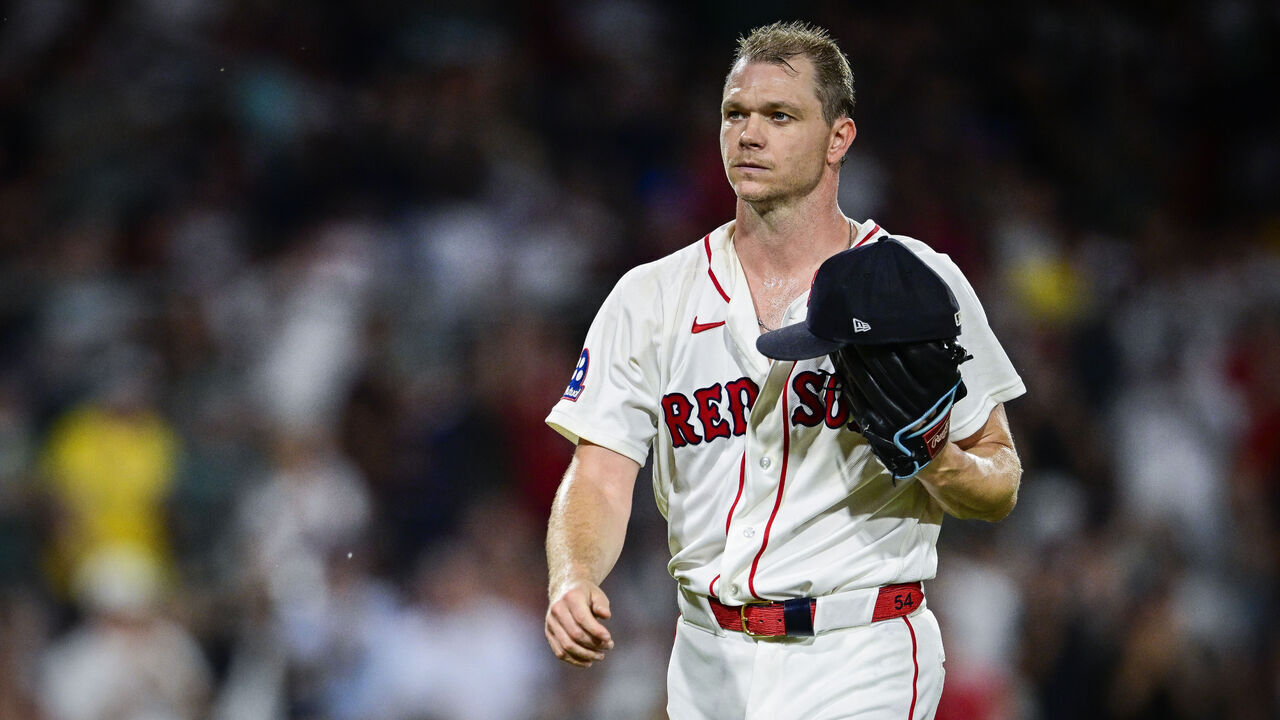 BOSTON, MASSACHUSETTS - JUNE 28: Sonny Gray #54 of the Boston Red Sox walks back to the dugout after throwing seven scoreless innings against the New York Yankees at Fenway Park on June 28, 2026 in Boston, Massachusetts.