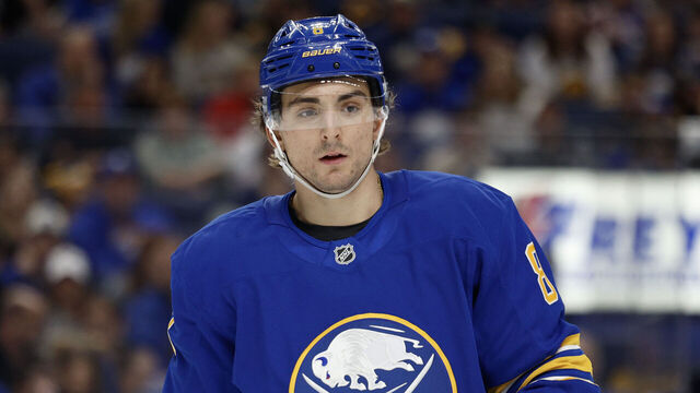 BUFFALO, NEW YORK - APRIL 15: Michael Kesselring #8 of the Buffalo Sabres looks on during the first period against the Dallas Stars at KeyBank Center on April 15, 2026 in Buffalo, New York.