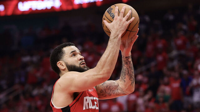 HOUSTON, TEXAS - APRIL 30: Fred VanVleet #5 of the Houston Rockets shoots the ball against the Golden State Warriors during the second quarter in Game Five of the Western Conference First Round NBA Playoffs at Toyota Center on April 30, 2025 in Houston, Texas.