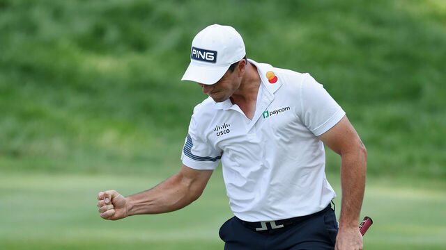 CROMWELL, CONNECTICUT - JUNE 29: Viktor Hovland of Norway reacts after making birdie on the 18th green in a playoff during the continuation of the final round of the Travelers Championship 2026 at TPC River Highlands on June 29, 2026 in Cromwell, Connecticut.