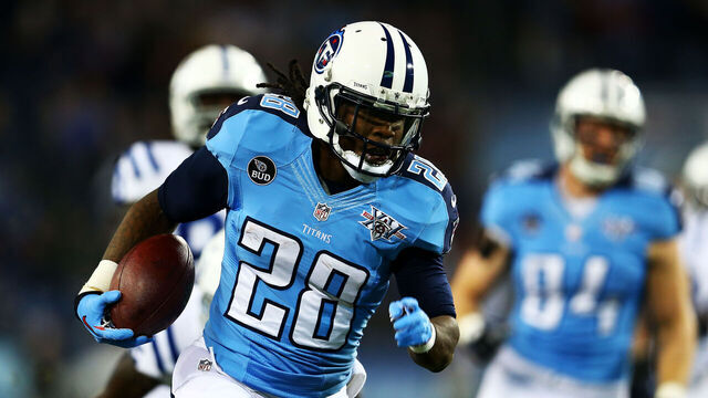 NASHVILLE, TN - NOVEMBER 14: Chris Johnson #28 of the Tennessee Titans carries the ball for a first quarter touchdown against the Indianapolis Colts at LP Field on November 14, 2013 in Nashville, Tennessee.