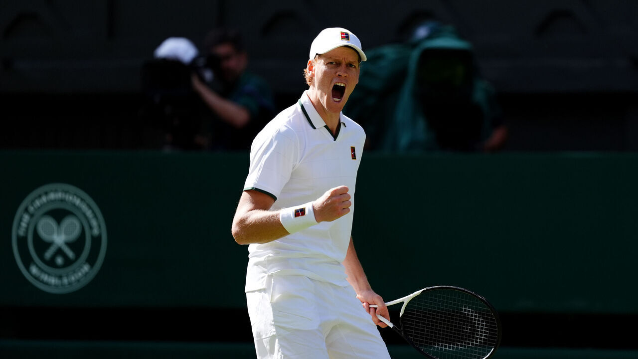 Jannik Sinner of Italy reacts during his match against Miomir Kecmanovic of Serbia during the Gentlemen's Singles on day one of the 2026 Wimbledon Championships at the All England Lawn Tennis and Croquet Club, London. Picture date: Monday June 29, 2026.