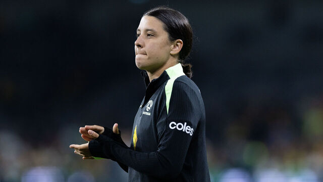SYDNEY, AUSTRALIA - JUNE 9: Sam Kerr of Australia reacts after the women's international friendly match between Australia Matildas and Mexico at CommBank Stadium on June 9, 2026 in Sydney, Australia.