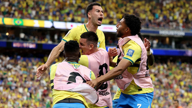 HOUSTON, TEXAS - JUNE 29: Gabriel Martinelli #22 of Brazil celebrates with teammates after scoring the team's second goal during the FIFA World Cup 2026 Round Of 32 match between Brazil and Japan at Houston Stadium on June 29, 2026 in Houston, Texas.