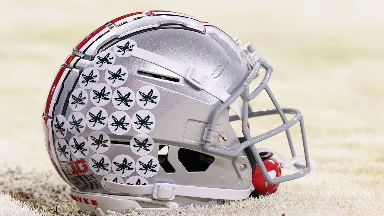 INDIANAPOLIS, INDIANA - DECEMBER 06: An Ohio State Buckeyes helmet is seen during warmups before the 2025 Big Ten Football Championship against the Indiana Hoosiers at Lucas Oil Stadium on December 06, 2025 in Indianapolis, Indiana.