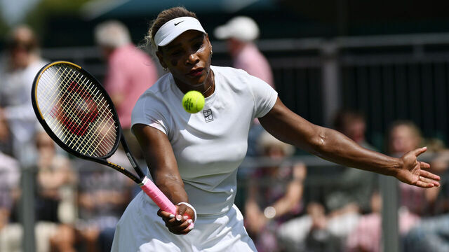 LONDON, ENGLAND - JUNE 27: Serena Williams plays a forehand during a training session before The Championships Wimbledon 2026 at All England Lawn Tennis and Croquet Club on June 27, 2026 in London, England.