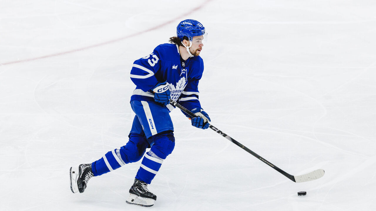 TORONTO, ON - APRIL 11: Toronto Maple Leafs left wing Matias Maccelli (63) carries the puck during the second period of an NHL game between the Florida Panthers and the Toronto Maple Leafs on April 11, 2026, at Scotiabank Arena in Toronto, ON.