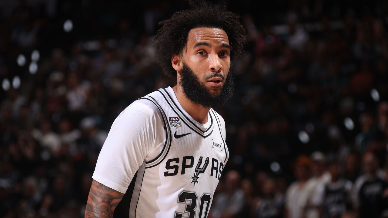 SAN ANTONIO, TX - JUNE 5: Julian Champagnie #30 of the San Antonio Spurs looks on during the game against the New York Knicks during Game Two of the 2026 NBA Finals on June 5, 2026 at Frost Bank Center in San Antonio, Texas. Mandatory Copyright Notice: Copyright 2026 NBAE