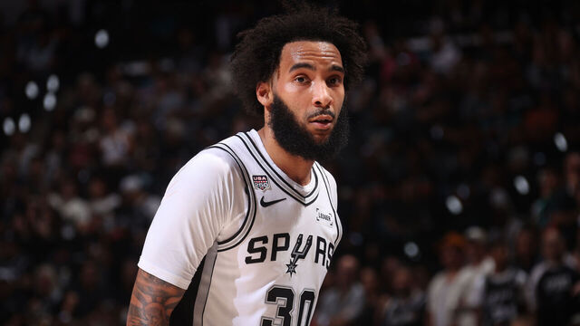 SAN ANTONIO, TX - JUNE 5: Julian Champagnie #30 of the San Antonio Spurs looks on during the game against the New York Knicks during Game Two of the 2026 NBA Finals on June 5, 2026 at Frost Bank Center in San Antonio, Texas. Mandatory Copyright Notice: Copyright 2026 NBAE