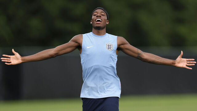 KANSAS CITY, KANSAS - JUNE 26: Noni Madueke #20 of England reacts during an England Training Session during an England FIFA World Cup 2026 camp on June 26, 2026 in Kansas City, Kansas.
