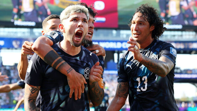 FOXBOROUGH, MASSACHUSETTS - JUNE 29: Julio Enciso #19 of Paraguay celebrates with teammates after scoring his team's first goal during the FIFA World Cup 2026 Round Of 32 match between Germany and Paraguay at Boston Stadium on June 29, 2026 in Foxborough, Massachusetts.