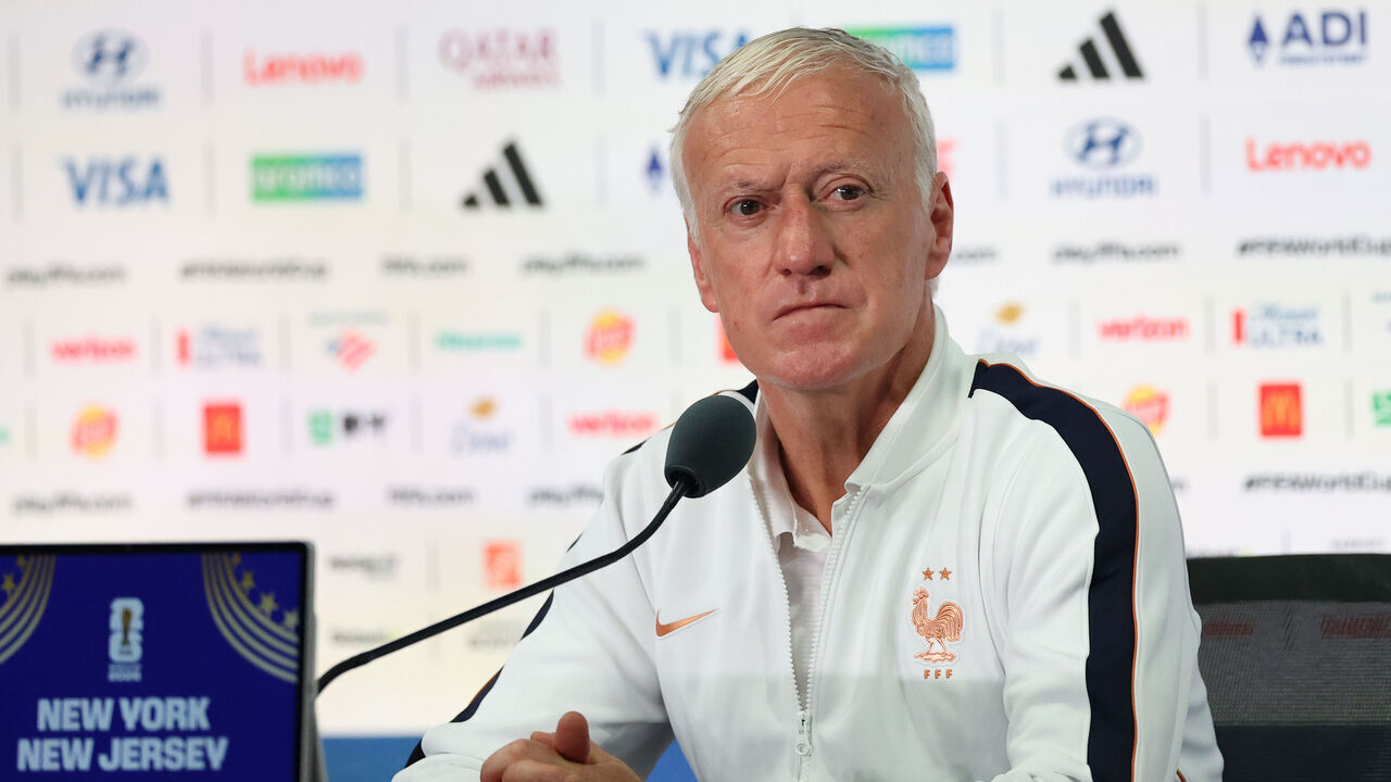 EAST RUTHERFORD, NEW JERSEY - JUNE 29: Manager Didier Deschamps of France speaks during the France press conference one day ahead of the FIFA World Cup 2026 Round Of 32 match between France and Sweden at New York New Jersey Stadium on June 29, 2026 in East Rutherford, New Jersey.