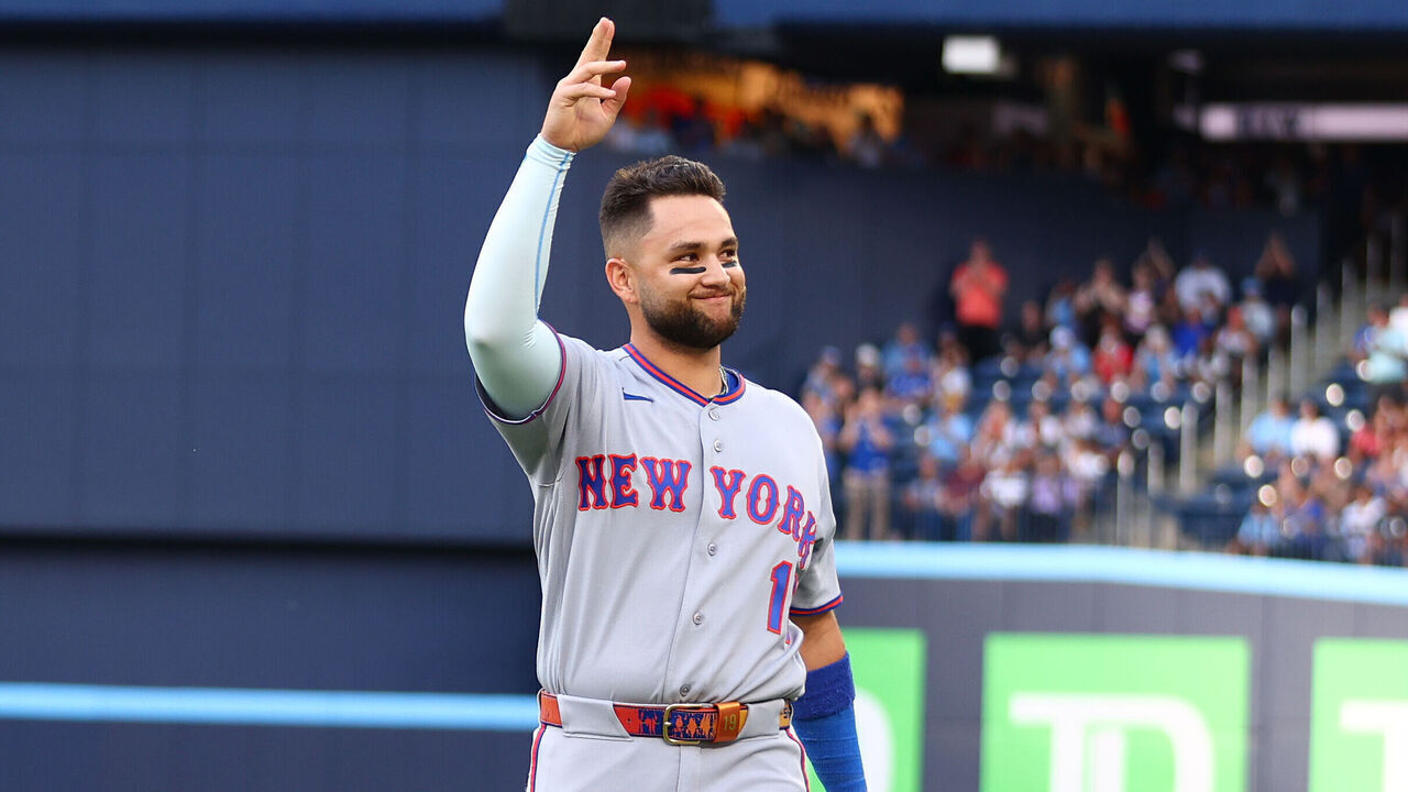 TORONTO, ON - JUNE 29: Bo Bichette #19 of the New York Mets waves to the crowd after watching a tribute video on the big screen before a game against the Toronto Blue Jays at Rogers Centre on June 29, 2026 in Toronto, Ontario, Canada.