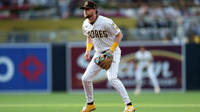 SAN DIEGO, CALIFORNIA - MAY 02: Jake Cronenworth #9 of the San Diego Padres plays second base during a game against the Chicago White Sox at Petco Park on May 02, 2026 in San Diego, California.