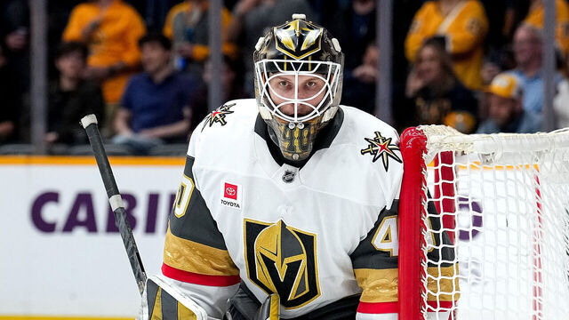 NASHVILLE, TENNESSEE - MARCH 21: Akira Schmid #40 of the Vegas Golden Knights tends net against the Nashville Predators during an NHL game on March 21, 2026 in Nashville, Tennessee.