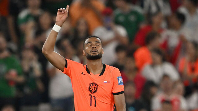 Netherlands' forward #11 Cody Gakpo celebrates scoring his team's first goal during the 2026 World Cup round of 32 football match between the Netherlands and Morocco at the Monterrey Stadium in Guadalupe on June 29, 2026.