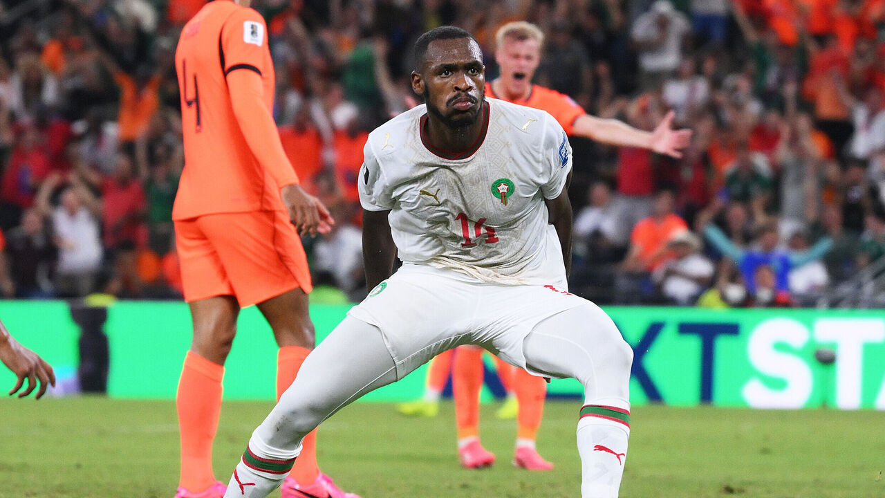 GUADALUPE, MEXICO - JUNE 29: Issa Diop #14 of Morocco celebrates scoring his team's first goal during the FIFA World Cup 2026 Round of 32 match between Netherlands and Morocco at Monterrey Stadium on June 29, 2026 in Guadalupe, Mexico.