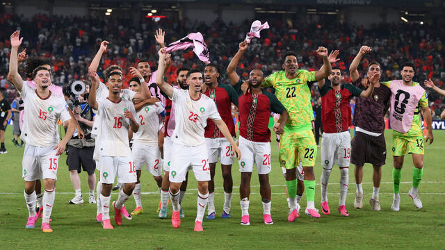 GUADALUPE, MEXICO - JUNE 29: Players of Morocco celebrate the team's victory through the penalty shootout in the FIFA World Cup 2026 Round of 32 match between Netherlands and Morocco at Monterrey Stadium on June 29, 2026 in Guadalupe, Mexico.
