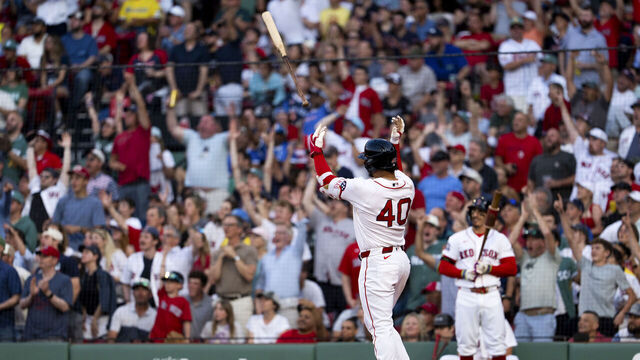 BOSTON, MA - JUNE 29: Willson Contreras #40 of the Boston Red Sox hits a home run in the first inning during the game between the Washington Nationals and the Boston Red Sox at Fenway Park on Monday, June 29, 2026 in Boston, Massachusetts.