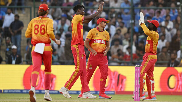 DELHI, INDIA - MARCH 01: Blessing Muzarabani of Zimbabwe celebrates the wicket of David Miller of South Africa during the ICC Men's T20 World Cup India & Sri Lanka 2026 Super 8 match between Zimbabwe and South Africa at Arun Jaitley Stadium on March 01, 2026 in Delhi, India.