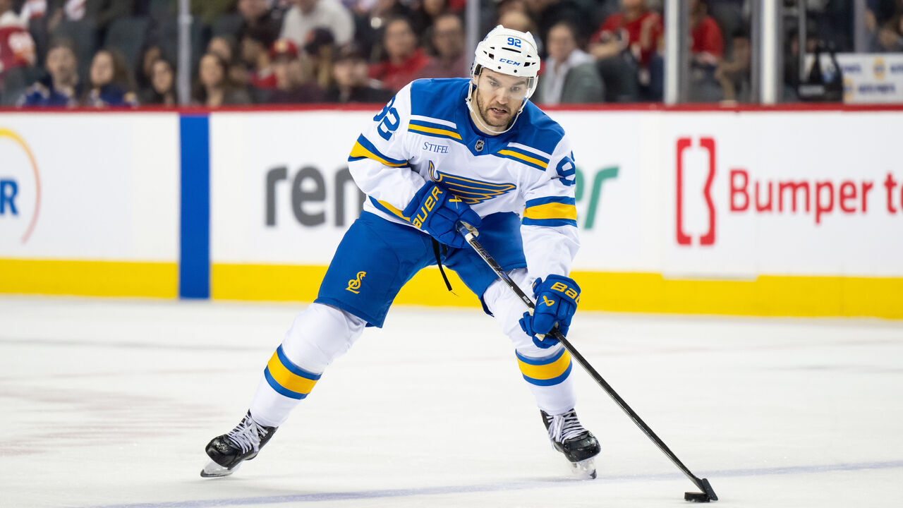 CALGARY, AB - MARCH 18: St. Louis Blues left wing Jonathan Drouin (92) skates with the puck against the Calgary Flames during the second period of an NHL game on March 18, 2026, at the Scotiabank Saddledome in Calgary, AB.