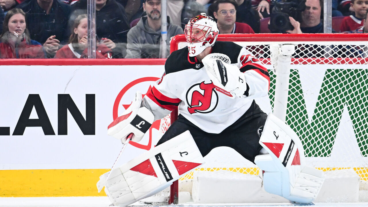 MONTREAL, CANADA - APRIL 05: Jacob Markstrom #25 of the New Jersey Devils tends net during the third period against the Montréal Canadiens at the Bell Centre on April 5, 2026 in Montreal, Quebec, Canada. The New Jersey Devils defeated the Montréal Canadiens 3-0.