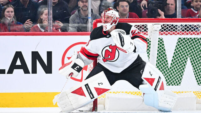 MONTREAL, CANADA - APRIL 05: Jacob Markstrom #25 of the New Jersey Devils tends net during the third period against the Montréal Canadiens at the Bell Centre on April 5, 2026 in Montreal, Quebec, Canada. The New Jersey Devils defeated the Montréal Canadiens 3-0.