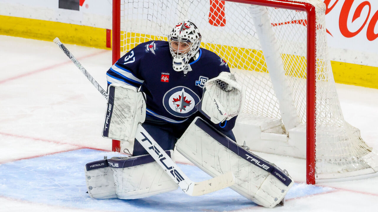 WINNIPEG, CANADA - MARCH 24: Goaltender Connor Hellebuyck #37 of the Winnipeg Jets guards the net during third period action against the Vegas Golden Knights at Canada Life Centre on March 24, 2026 in Winnipeg, Manitoba, Canada.
