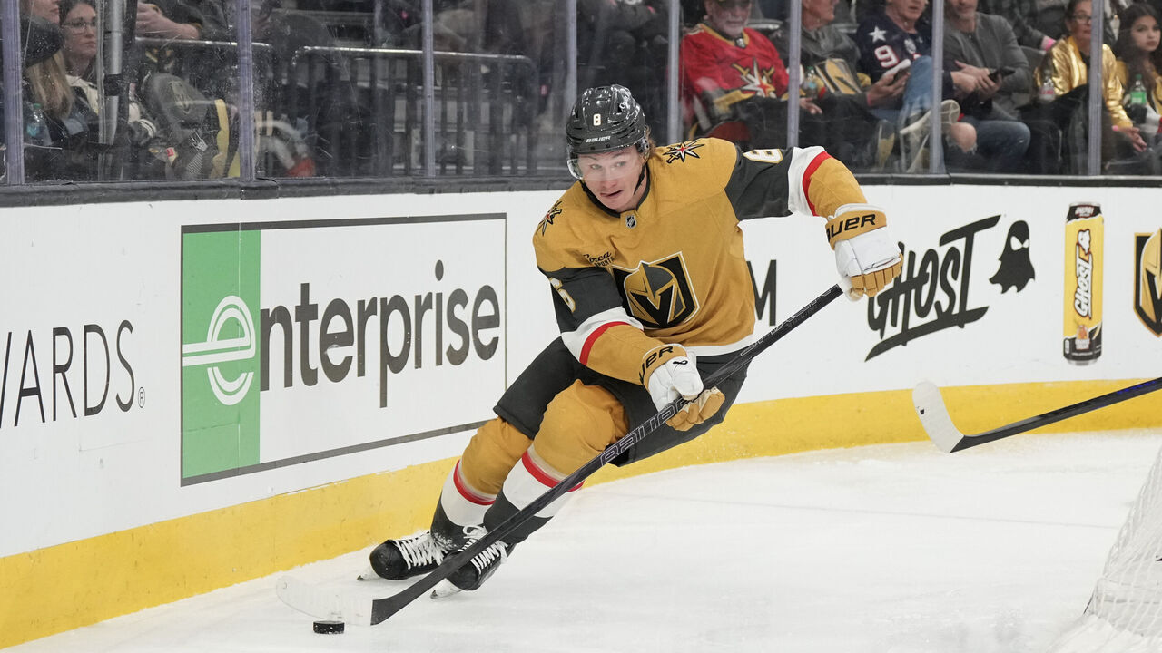 LAS VEGAS, NEVADA - APRIL 13: Kaedan Korczak #6 of the Vegas Golden Knights skates with the puck against the Winnipeg Jets in the third period of their game at T-Mobile Arena on April 13, 2026 in Las Vegas, Nevada. The Golden Knights defeated the Jets 6-2.