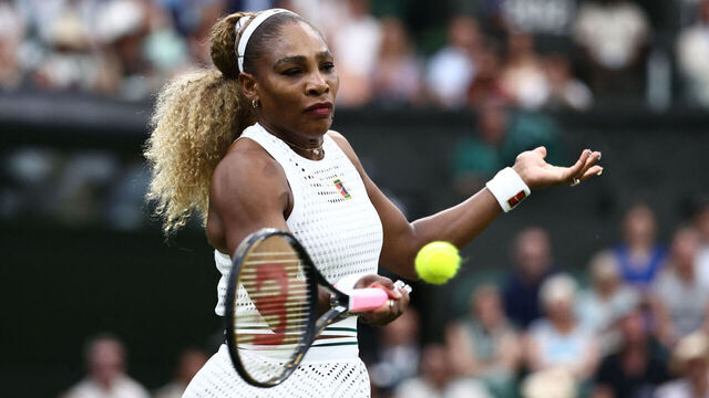 US player Serena Williams returns the ball to Australia's Maya Joint during their women's singles first round tennis match on the second day of the 2026 Wimbledon Championships at The All England Lawn Tennis and Croquet Club in Wimbledon, southwest London, on June 30, 2026. / RESTRICTED TO EDITORIAL USE