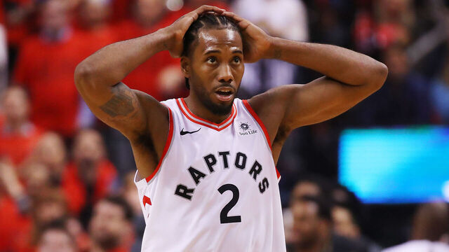 TORONTO, ONTARIO - JUNE 10: Kawhi Leonard #2 of the Toronto Raptors reacts against the Golden State Warriors in the first half during Game Five of the 2019 NBA Finals at Scotiabank Arena on June 10, 2019 in Toronto, Canada.