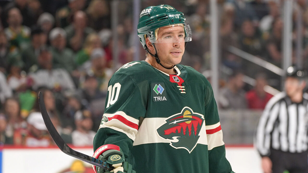 SAINT PAUL, MN - APRIL 14: Bobby Brink #10 of the Minnesota Wild waits play to resume during the game against the Anaheim Ducks at Grand Casino Arena on April 14, 2026 in Saint Paul, Minnesota.