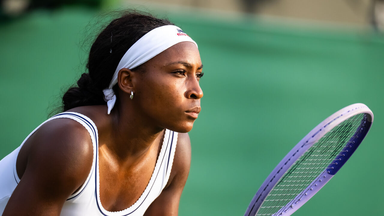 LONDON, ENGLAND - JUNE 29: Coco Gauff of the United States in action against Tamara Korpatsch of Germany in the first round on Day One of The Championships Wimbledon 2026 at All England Lawn Tennis and Croquet Club on June 29, 2026 in London, England