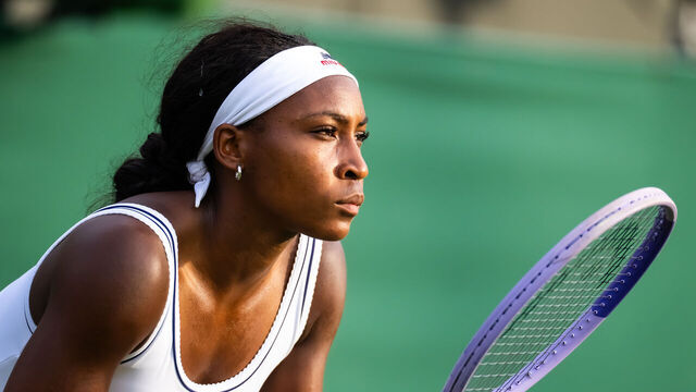 LONDON, ENGLAND - JUNE 29: Coco Gauff of the United States in action against Tamara Korpatsch of Germany in the first round on Day One of The Championships Wimbledon 2026 at All England Lawn Tennis and Croquet Club on June 29, 2026 in London, England