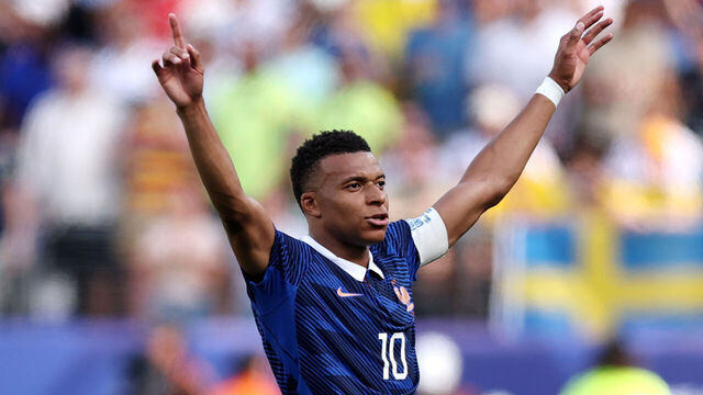 EAST RUTHERFORD, NEW JERSEY - JUNE 30: Kylian Mbappe #10 of France celebrates scoring his team's first goal during the FIFA World Cup 2026 Round Of 32 match between France and Sweden at New York New Jersey Stadium on June 30, 2026 in East Rutherford, New Jersey.