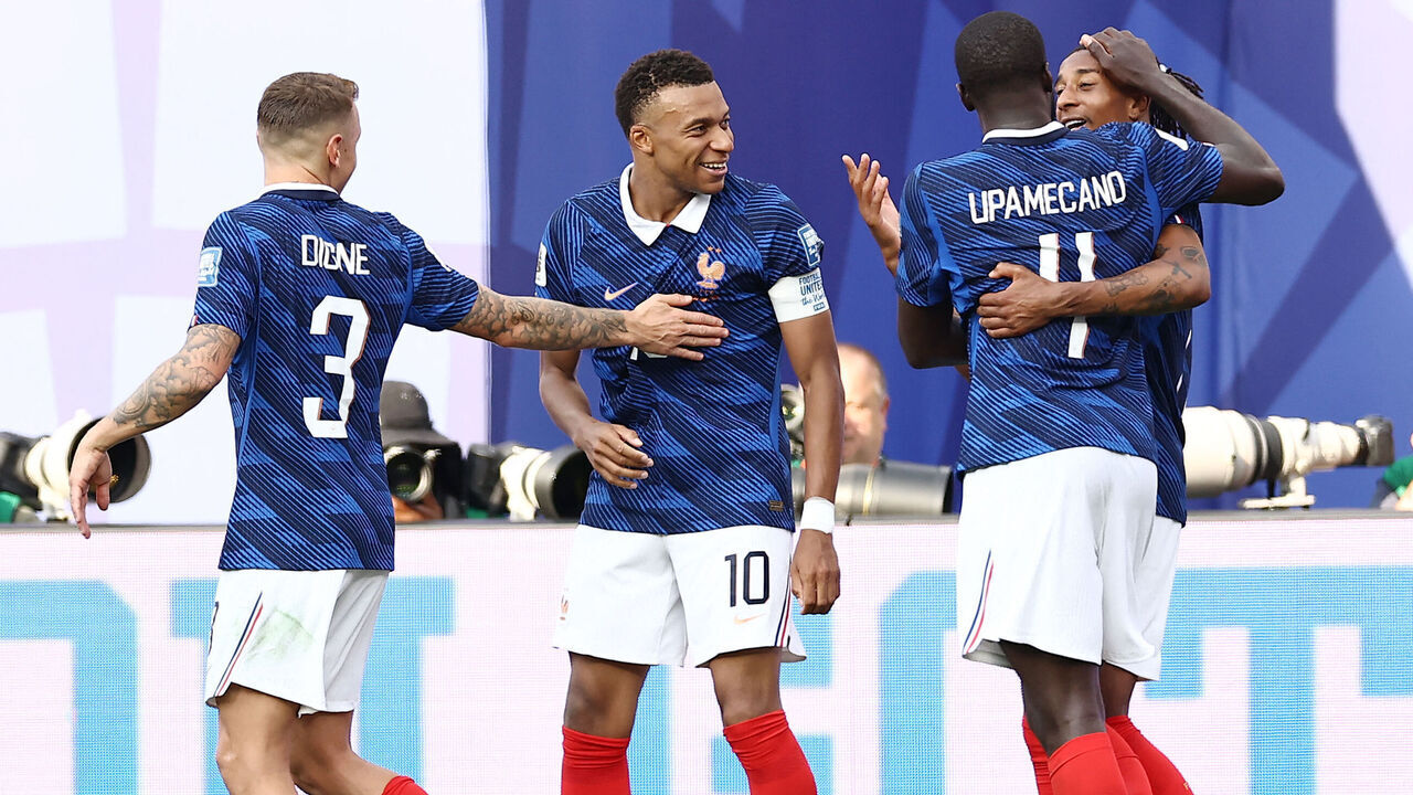 France's forward #10 Kylian Mbappe celebrates scoring his team's third goal with teammates during the 2026 World Cup round of 32 football match between France and Sweden at the New York/New Jersey Stadium in East Rutherford on June 30, 2026.