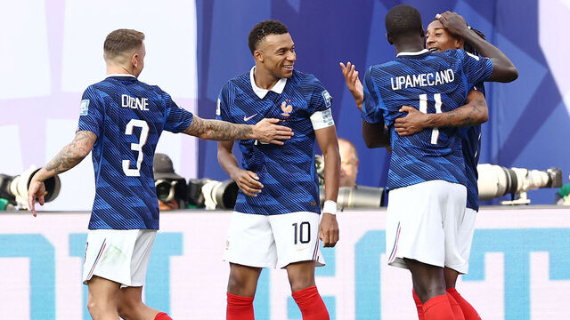 France's forward #10 Kylian Mbappe celebrates scoring his team's third goal with teammates during the 2026 World Cup round of 32 football match between France and Sweden at the New York/New Jersey Stadium in East Rutherford on June 30, 2026.