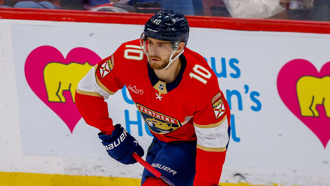 SUNRISE, FL - APRIL 13 : Florida Panthers left wing A.J. Greer (10) controls the puck during a NHL game between the New York Rangers and the Florida Panthers on April 13, 2026 at Amerant Bank Arena in Sunrise, FL.