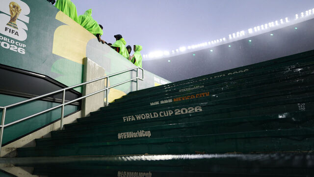 MEXICO CITY, MEXICO - JUNE 30: Rain falls on the pitch as the match is delayed due to inclement weather before the FIFA World Cup 2026 Round Of 32 match between Mexico and Ecuador at Mexico City Stadium on June 30, 2026 in Mexico City, Mexico.