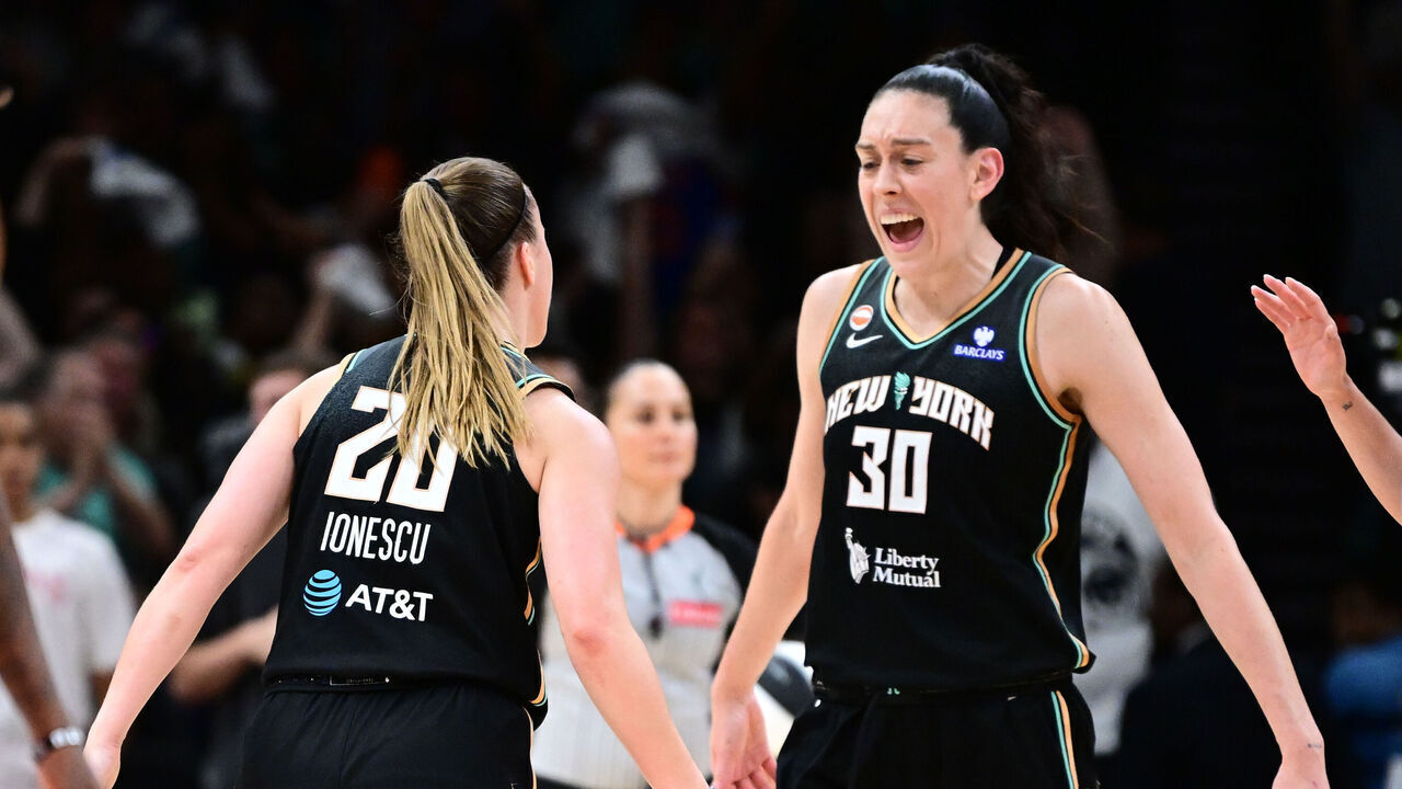 BROOKLYN, NY - JUNE 30: Sabrina Ionescu #20 and Breanna Stewart #30 of the New York Liberty celebrates during the game against the Las Vegas Aces during the 2026 WNBA Commissioner's Cup Game on June 30, 2026 at Barclays Center in Brooklyn, New York. Mandatory Copyright Notice: Copyright 2026 NBAE