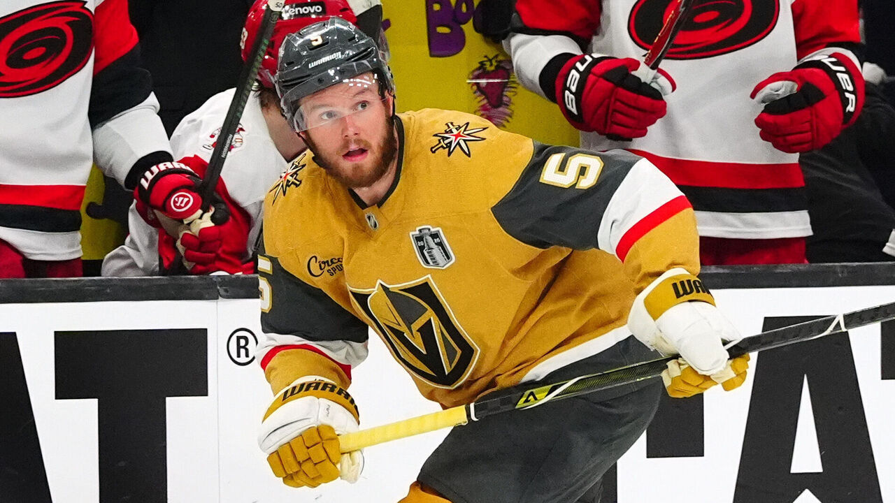 LAS VEGAS, NEVADA - JUNE 14: Jeremy Lauzon #5 of the Vegas Golden Knights skates during the second period of Game Six of the 2026 NHL Stanley Cup Final between the Carolina Hurricanes and the Vegas Golden Knights at T-Mobile Arena on June 14, 2026 in Las Vegas, Nevada.