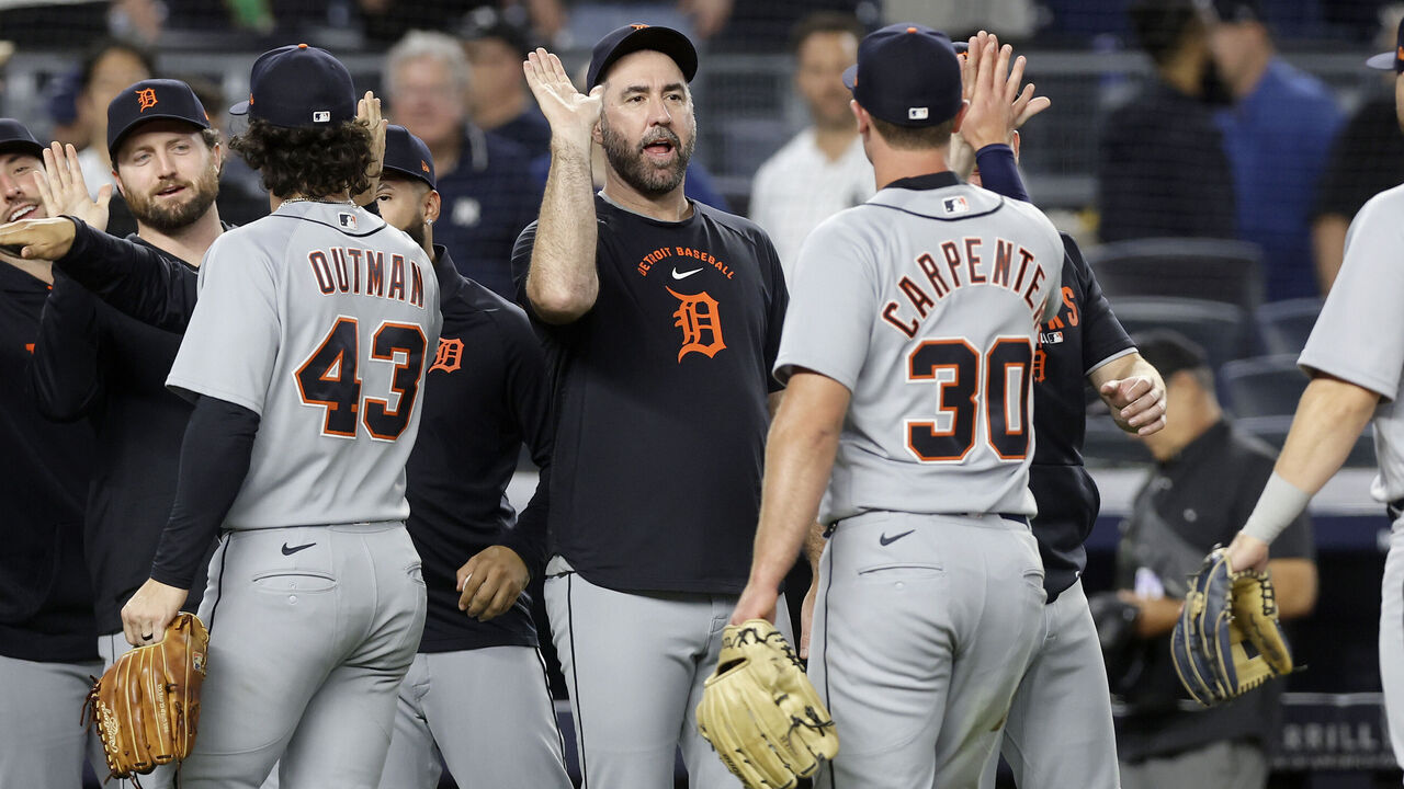 NEW YORK, NEW YORK - JUNE 30: James Outman #43, Justin Verlander #35 and Kerry Carpenter #30 of the Detroit Tigers celebrate after defeating the New York Yankees at Yankee Stadium on June 30, 2026 in New York City.