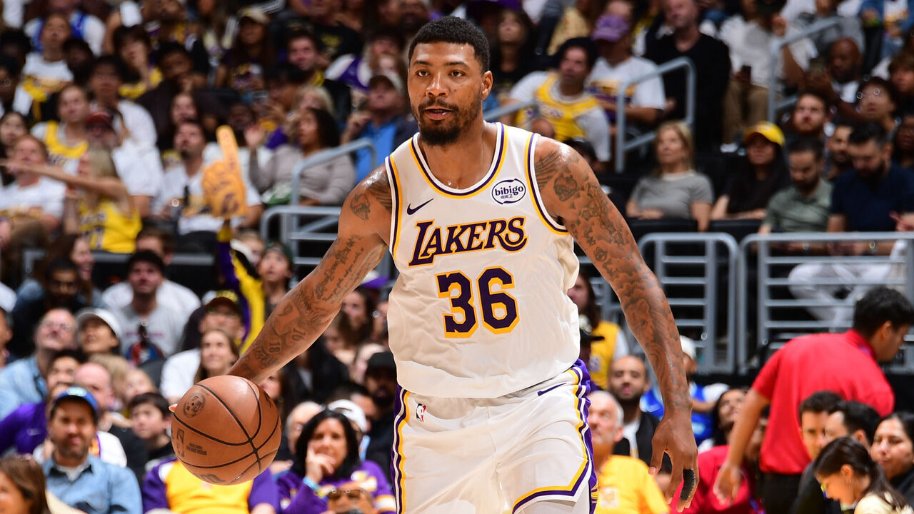 LOS ANGELES, CA - MAY 9: Marcus Smart #36 of the Los Angeles Lakers dribbles the ball during the game against the Oklahoma City Thunder during Round Two Game Three of the 2026 NBA Playoffs on May 9, 2026 at Crypto.Com Arena in Los Angeles, California. NOTE TO USER: User expressly acknowledges and agrees that, by downloading and/or using this Photograph, user is consenting to the terms and conditions of the Getty Images License Agreement. Mandatory Copyright Notice: Copyright 2026 NBAE