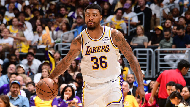 LOS ANGELES, CA - MAY 9: Marcus Smart #36 of the Los Angeles Lakers dribbles the ball during the game against the Oklahoma City Thunder during Round Two Game Three of the 2026 NBA Playoffs on May 9, 2026 at Crypto.Com Arena in Los Angeles, California. NOTE TO USER: User expressly acknowledges and agrees that, by downloading and/or using this Photograph, user is consenting to the terms and conditions of the Getty Images License Agreement. Mandatory Copyright Notice: Copyright 2026 NBAE