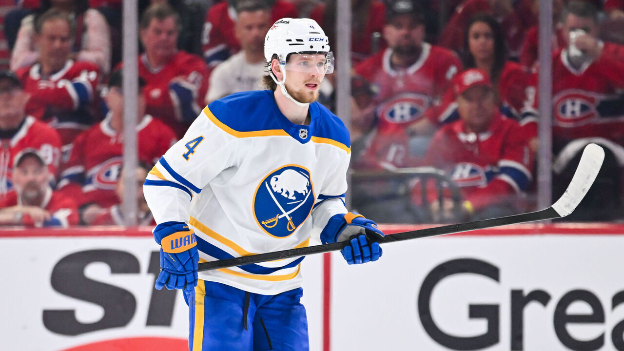 MONTREAL, CANADA - MAY 16: Bowen Byram #4 of the Buffalo Sabres skates during the first period against the Montréal Canadiens in Game Six of the Second Round of the 2026 Stanley Cup Playoffs at the Bell Centre on May 16, 2026 in Montreal, Quebec, Canada.