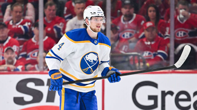 MONTREAL, CANADA - MAY 16: Bowen Byram #4 of the Buffalo Sabres skates during the first period against the Montréal Canadiens in Game Six of the Second Round of the 2026 Stanley Cup Playoffs at the Bell Centre on May 16, 2026 in Montreal, Quebec, Canada.