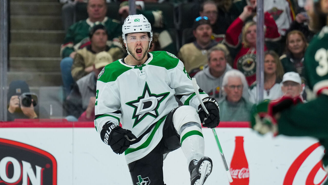 ST PAUL, MINNESOTA - APRIL 30: Mavrik Bourque #22 of the Dallas Stars celebrates his second period goal against the Minnesota Wild during Game Six of the First Round of the 2026 Stanley Cup Playoffs at Grand Casino Arena on April 30, 2026 in St Paul, Minnesota.
