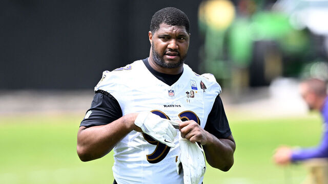 OWINGS MILLS, MARYLAND - JUNE 09: Calais Campbell #93 of the Baltimore Ravens walks off the field after Baltimore Ravens Mandatory Minicamp at Under Armour Performance Center on June 09, 2026 in Owings Mills, Maryland.